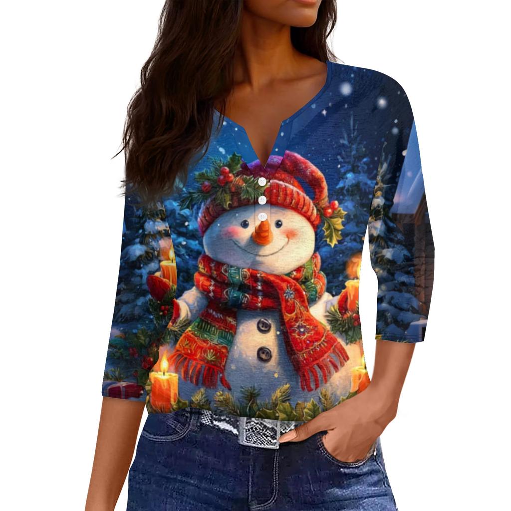 Women's Fashionable Casual Christmas Printed V-neck Three-quarter Sleeve Decorated Button Top