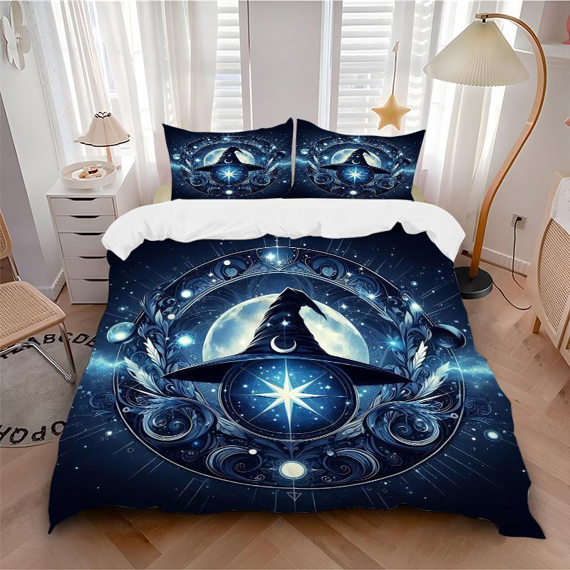 3pcs Wizard's Hat A Mystical Celestial Emblem Printed Duvet Cover Set (1 * Cover+2 * Pillowcase, Without Core), Suitable for Home Bedroom, Guest