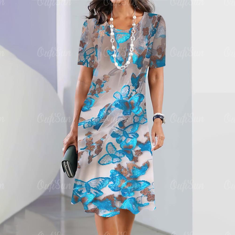 New women's dress with floral print, summer elegant dress, Femle short sleeved dress, fashionable oversized clothing