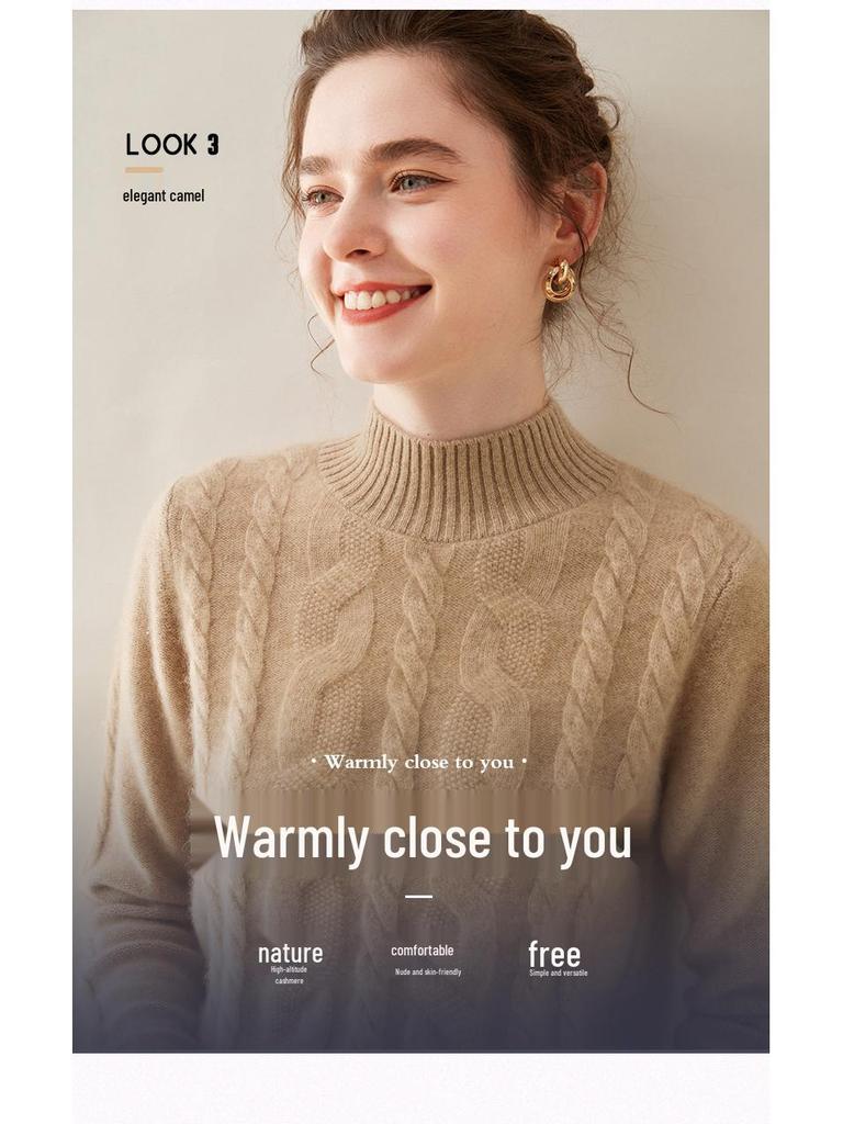 Женский кашемировый пуловер кабельной вязки - Полувысокий воротник, Длинный рукав, Однотонный, Теплый и повседневный базовый слой