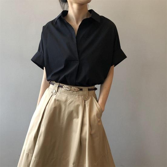 Women Summer Shirt Lapel Short Sleeve Solid Color Pullover Tops Loose Fit Thin Office Lady Shirt Workwear