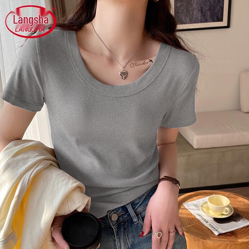 Langsha Women's Slimming Ribbed Round Neck Short Sleeve T-Shirt