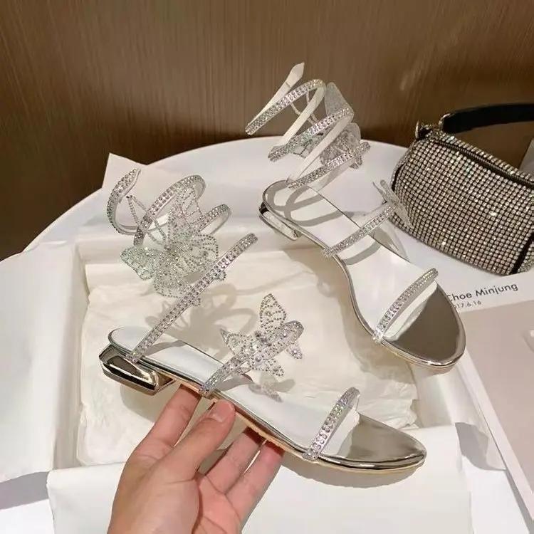 Luxury Summer Crystal Snake Winding Sandals Low Heels 2024 Women Bling Butterfly Roman Sandal Female Sweet Flat Sandals Shoes