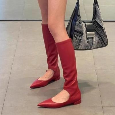 Высокие сапоги с острым носком, женские сексуальные туфли челси на низком каблуке, женские осенние туфли до колена, дизайнерские, полые, трендовые, кожаные, готические, Botas Mujer