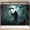 Halloween Cemetery Reaper Background Fabric - Anti-wrinkle, with theme of sickle and zombies.PMJ