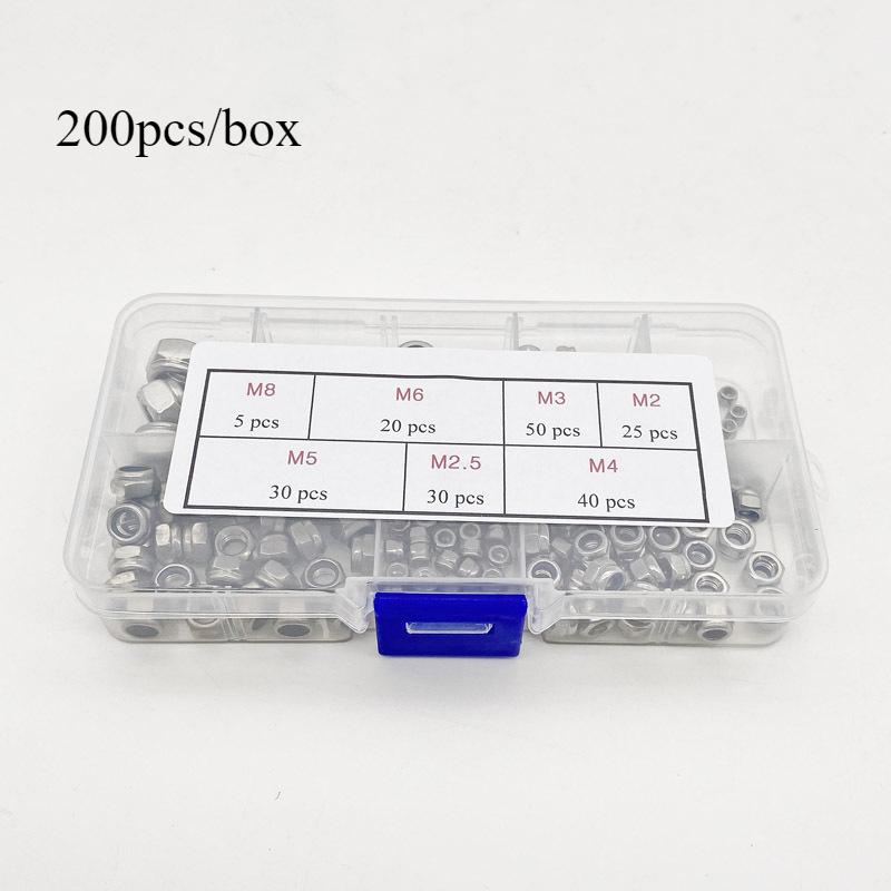 200pcs/box Stainless Steel Nylon Anti-Slip Self-Locking Nuts, Hexagonal Screw Caps for Construction, Maintenance