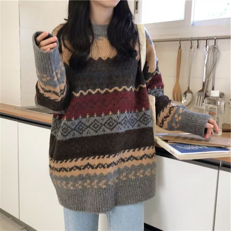 Round Neck Pullover Sweater for Women Autumn and Winter Loose Long Sleeved Knitted Sweater Jacket