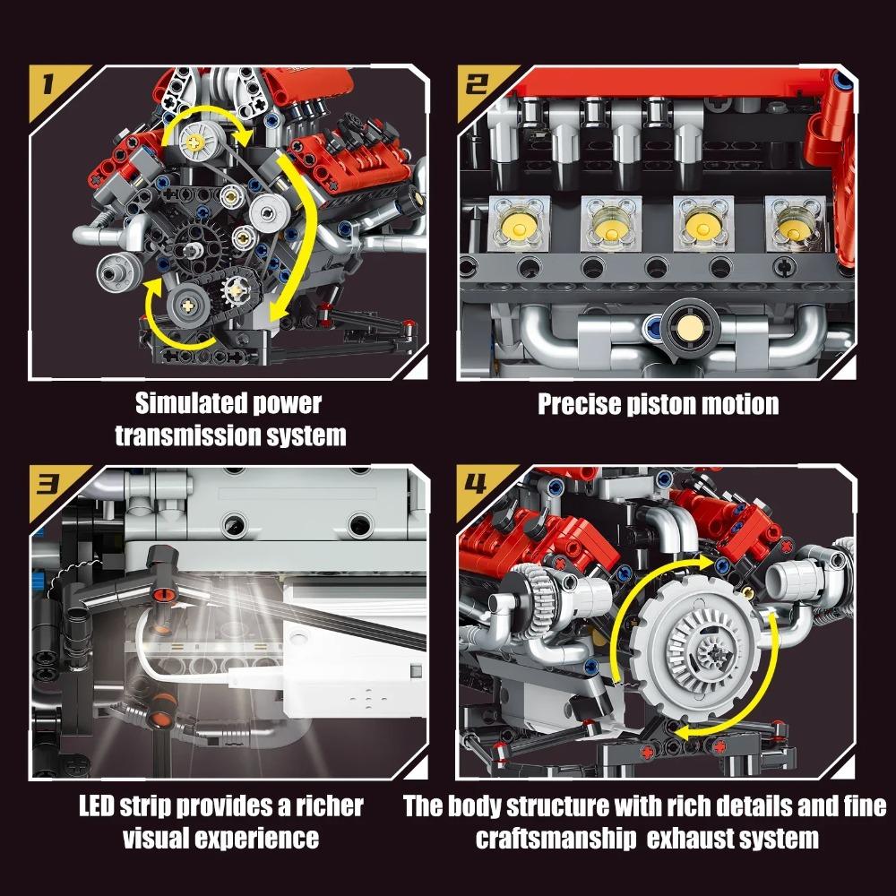K96203 Набор строительных блоков для сборки модели двигателя V8 - 660 деталей, управление через приложение, программируемые блоки со светодиодной подсветкой, для подарка