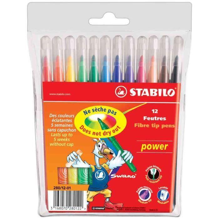 Feutres - POWER - 12 Feutres - Pointe Moyenne - Encre Lavable - Capuchon Ventilé