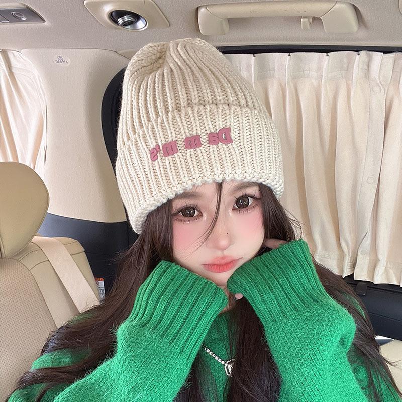 New Autumn and Winter Letter Offset Printing Wool Hat for Women Warm Ear Protection Knitted Hat Korean Style Pullover Hat Cold Hat Trendy