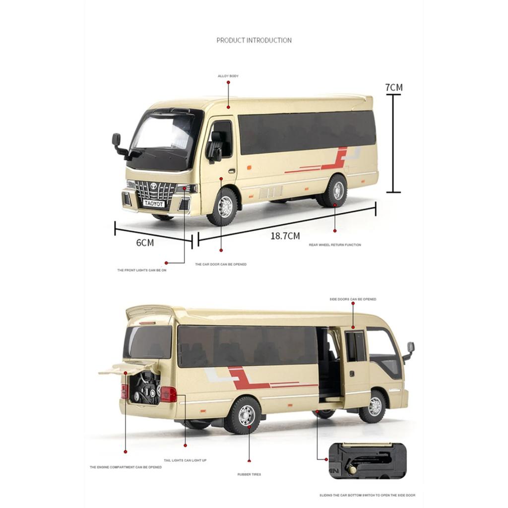 1/32 Toyota Coaster Alloy Bus Car Diecasts Metal Passenger Coach Vehicles Car Model Simulation Sound and Light Collection Kids Toy Gift