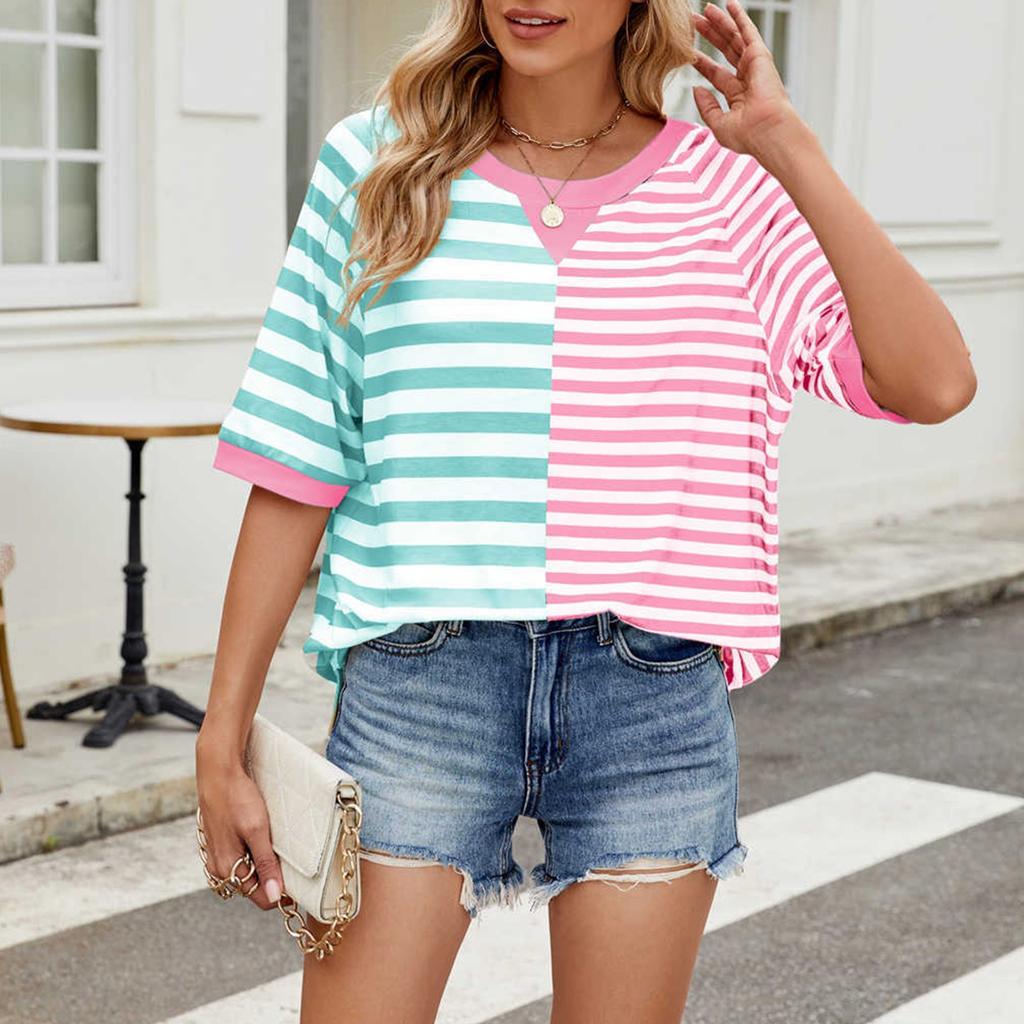 Women's Striped Colorblock Round Neck Loose Short-sleeved Pullover Top