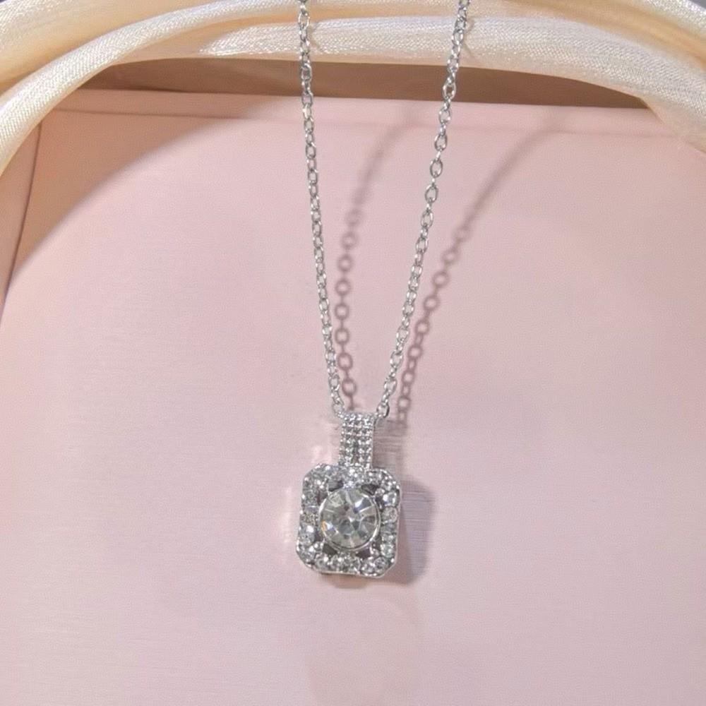 Pendant Square Necklace Crystal Ear Studs Exquisite Cube Jewelry Set  Girls