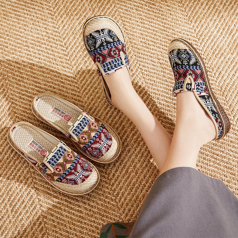 Женские тканевые туфли большого размера, повседневные туфли из льняной соломы, студенческие лесные полутапочки, женская обувь с вышивкой в ​​этническом стиле
