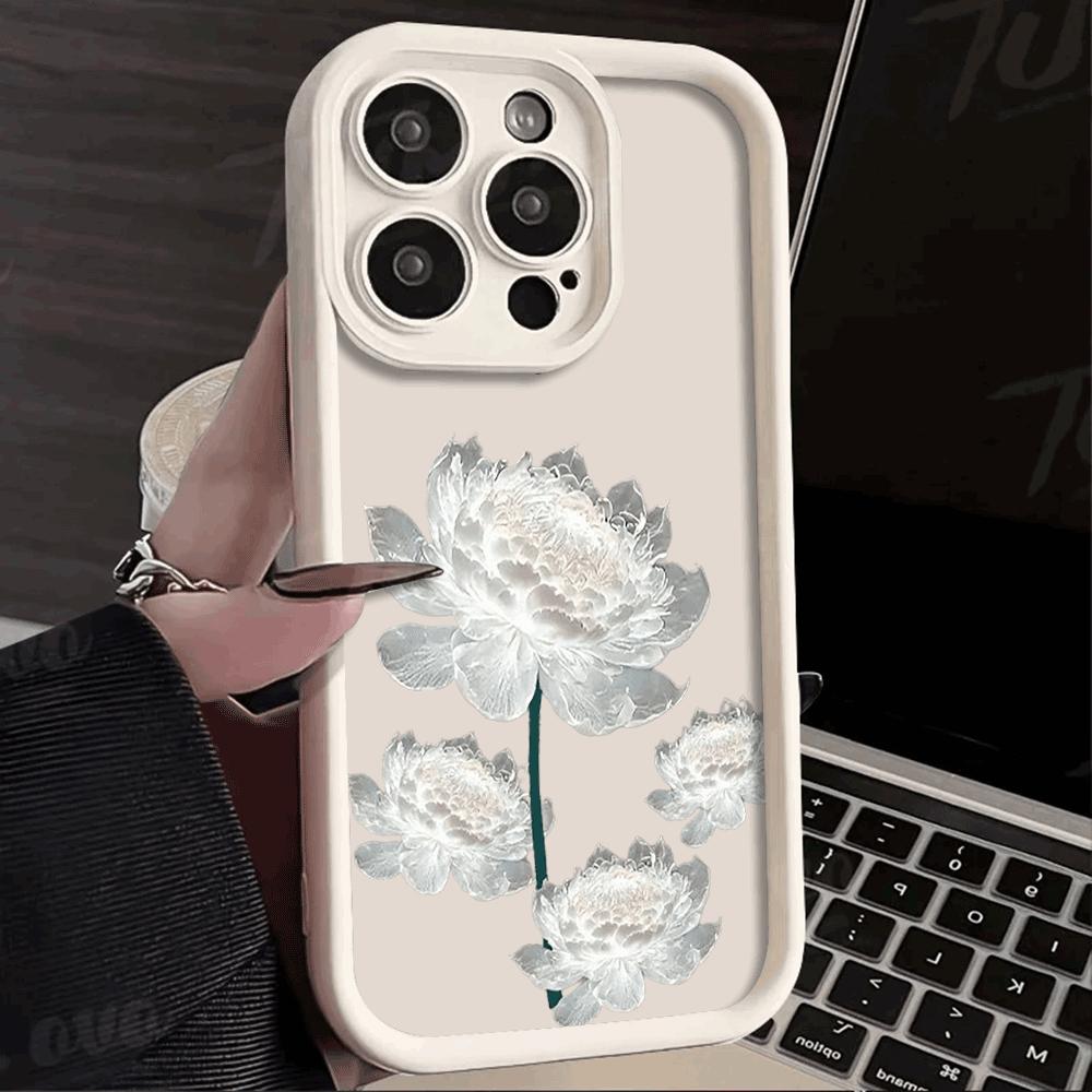 Силиконовый чехол 'Белый Лотос' для iPhone 16 15 14 13 12 11 Pro Max XS XR X, Защита от царапин, Ударопрочный, Модный Защитный Чехол