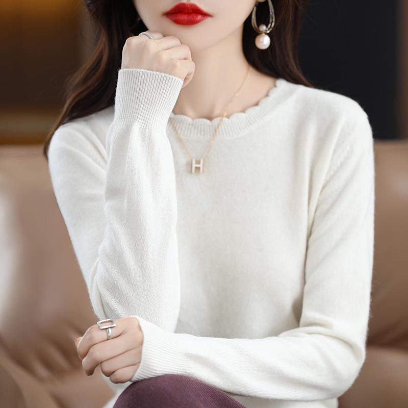 Женский повседневный кружевной свитер с круглым вырезом и длинными рукавами - мягкая вязка, коллекция осень/зима 2024 года