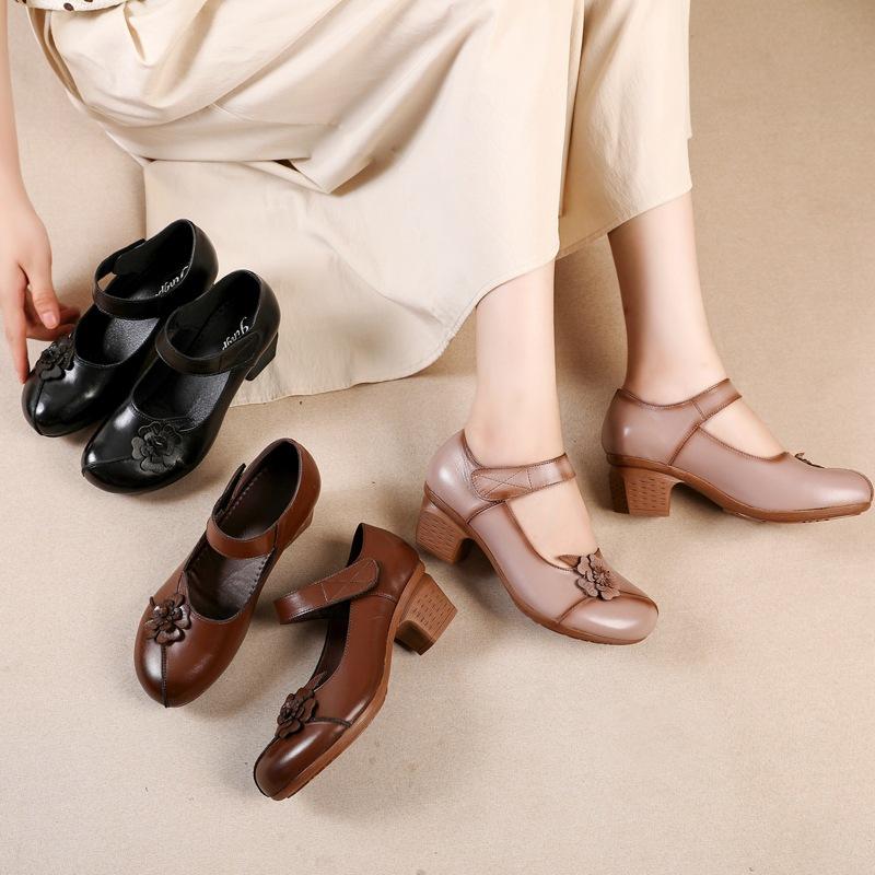Лаконичные цветочные туфли-лодочки Женские винтажные туфли на каблуках Женские туфли из натуральной кожи Туфли-лодочки Мэри Джейн Женские туфли на грубом каблуке Туфли-лодочки Сандалии