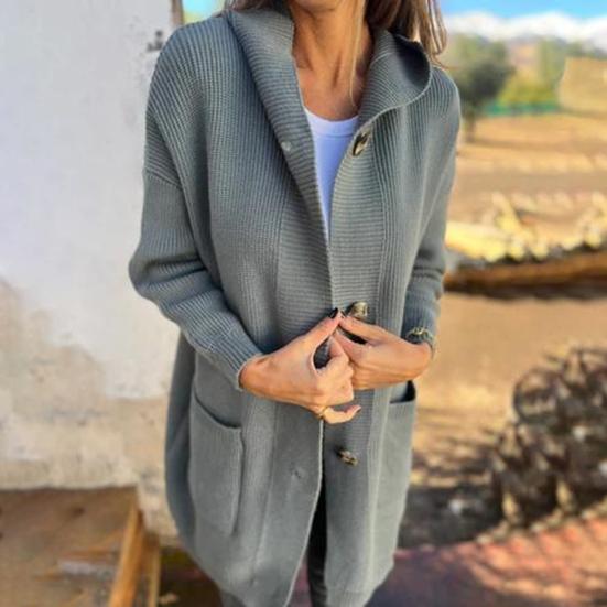 Женский вязаный кардиган с капюшоном, длинный рукав, однобортный свитер, пальто с карманами, однотонный трикотаж средней длины