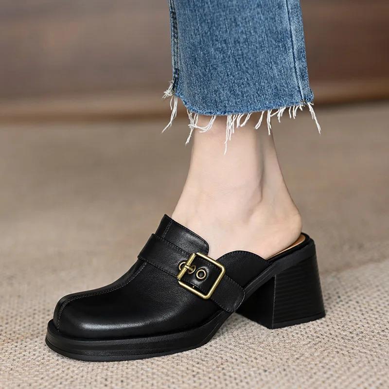 Baotou Half Slippers Women's Commuter Thick Heels Thick Sole Outer Wear Muller Shoes Belt Buckle High Heels Women Shoes
