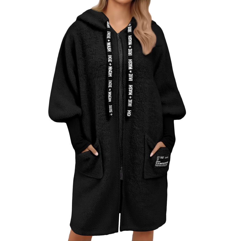 Women's Loose Casual Drawstring Zipper Hooded Warm Lambskin Long Coat