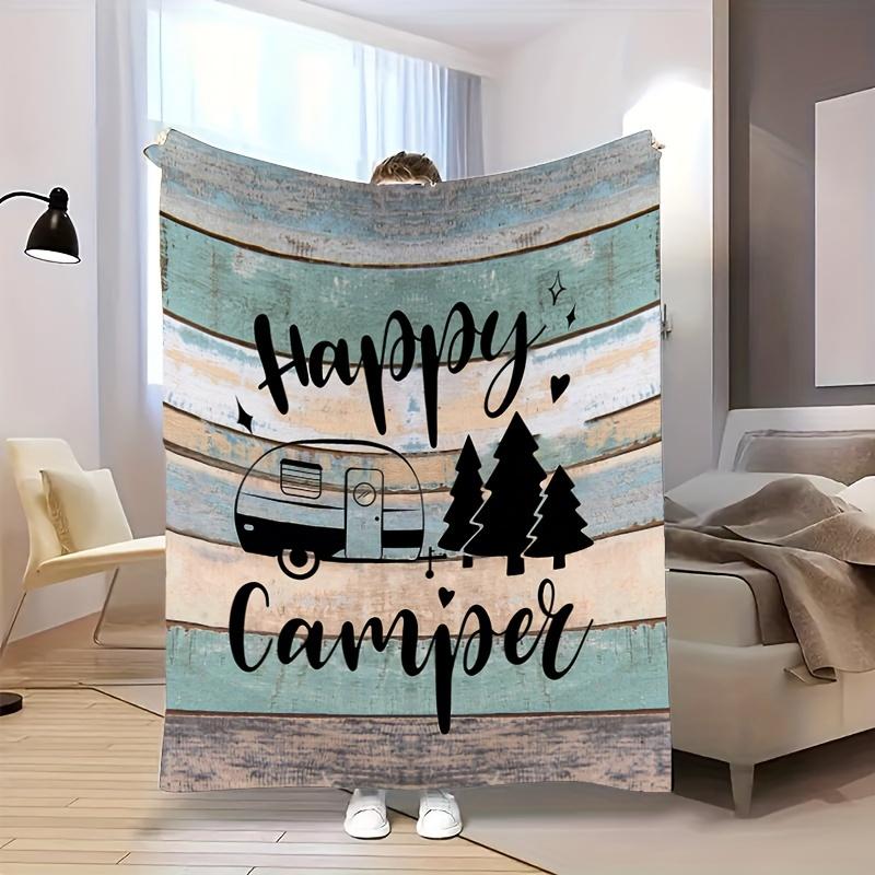 Cozy Flannel Throw Blanket Featuring a Happy Camper Design, Machine Washable, Crafted with Quilted Details, Digitally Printed, V