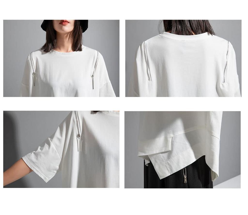 Morino Short Sleeve Loose Fit Solid Street Summer Size Women's T-Shirt, Color, Asymmetrical, Zippered, Off-the-Shoulder, Casual, Fashionable, Unique,