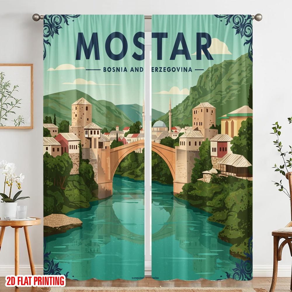 2pcs 2D flat printing Party Curtain Mostar Bridge Bosnia Herzegovina 100% Polyester Fabric Without Electricity Birthday Party