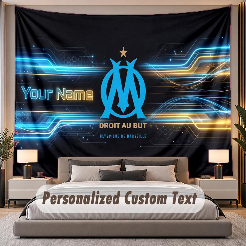 Custom Name Text Tapestry Olympique Marseille FC Personalized Polyester Wall Tapestry For Bedroom And Room