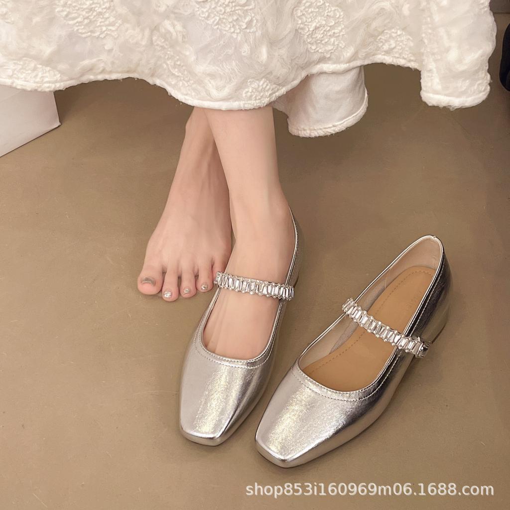 Xiaoxiangfeng Square Head Gentle Single Shoes Women's 2025 Autumn New Rhinestone Word with Shallow Thick Heel Mary Jane Shoes Women