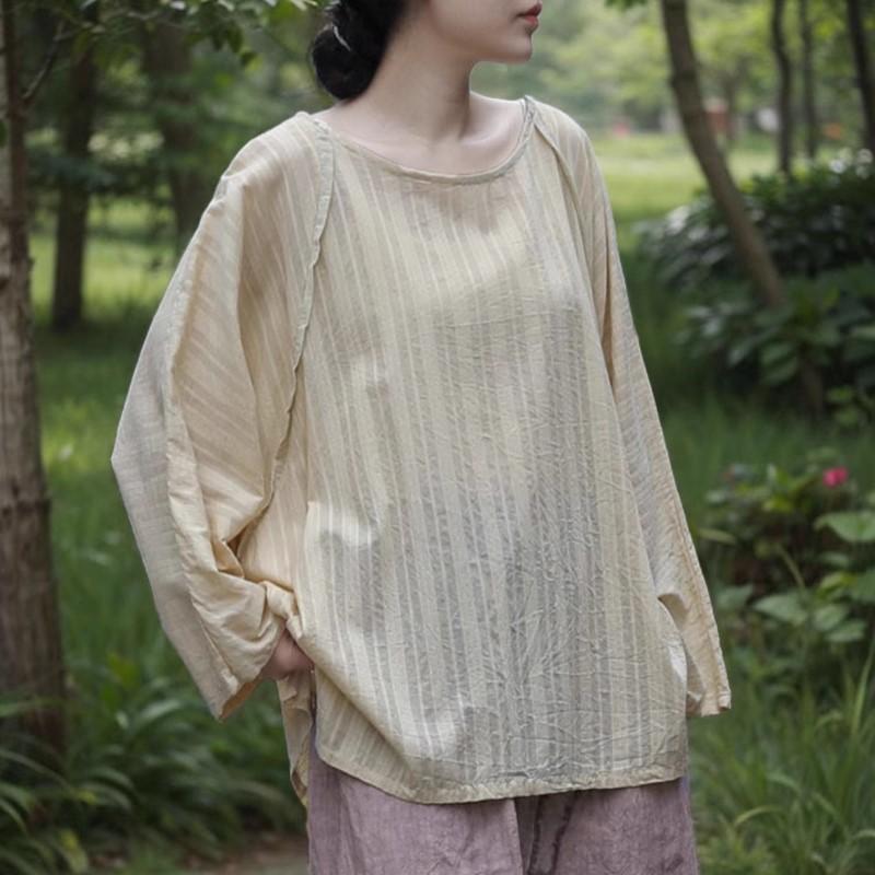 Johnature Женские полосатые футболки с круглым вырезом и длинным рукавом, весенние свободные повседневные женские футболки