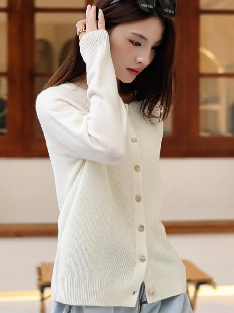 RAREWAY Бесшовный кардиган с длинным рукавом из мериносовой шерсти в рубчик для осени и зимы, женский, 100% шерсть,