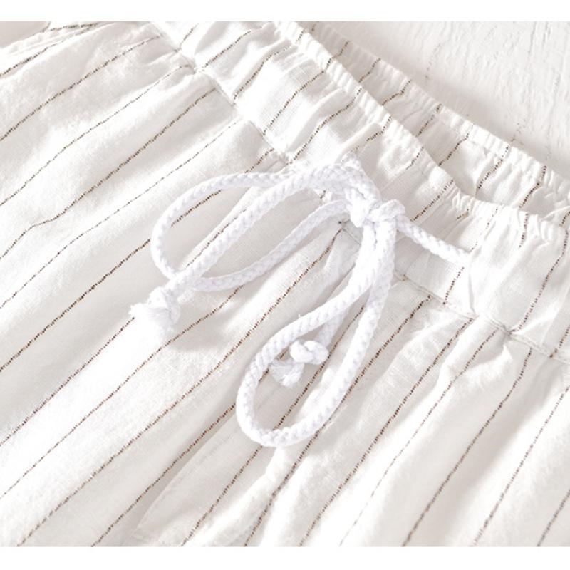 Летние хлопковые льняные мужские брюки, узкие брюки с эластичной талией и завязками на шнурке, повседневные дышащие модные полосатые мужские брюки