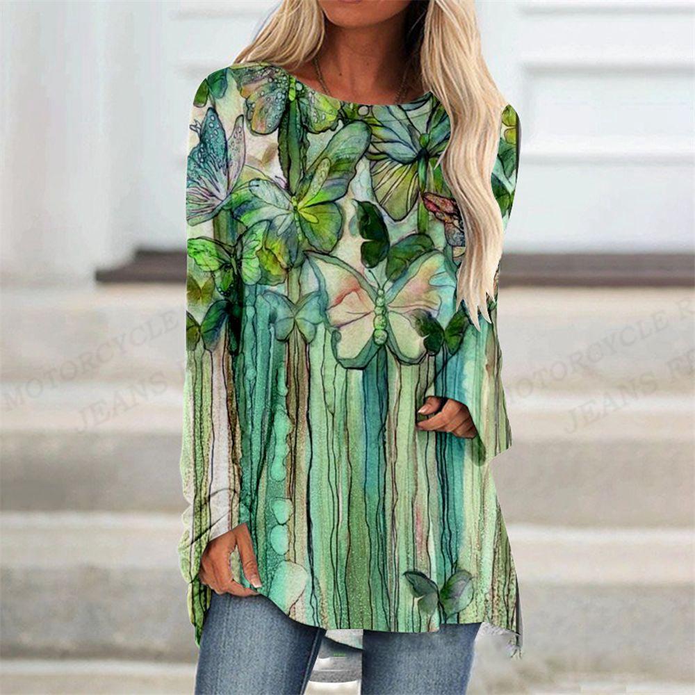 2023 Women's T-shirt Abstract Painting Print Tshirt Women Fashion T-shirt Plant Flowers T Shirt Long Sleeve Tops Tees Butterfly
