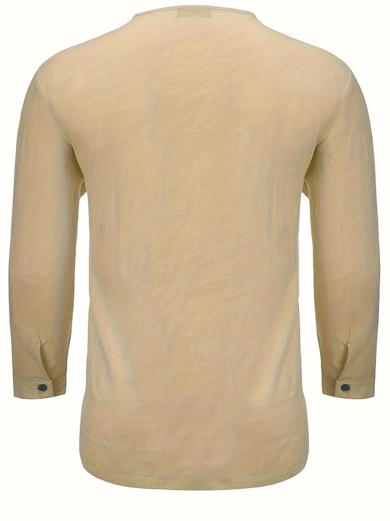 Мужская весенняя 2024 года повседневная рубашка с V-образным вырезом и длинным рукавом из льна и хлопка