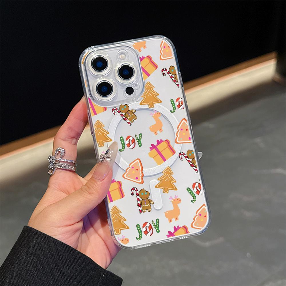 AC102 Рождественские С Новым Годом Magsafe Прозрачные Чехлы для Samsung S23 S24 Ultra S21 FE iPhone 16 13 Pro Max XR Магнитная Беспроводная Зарядка Задняя Крышка