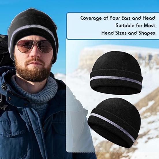 Мужская уличная шапка со светоотражающей полосой, эластичная, сохраняющая тепло, однотонная, с отворотами, ночная спортивная кепка, светоотражающий вязаный головной убор