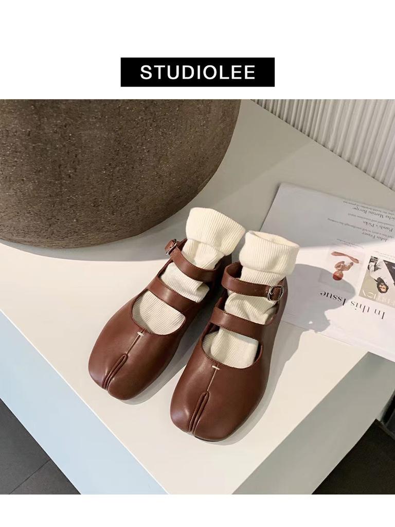 Sheepskin Version~ Grape Mother Split-toed Mary Jane Genuine Leather Single Shoes Women's Round Head Pig's Trotters Buckle Strap Flat Sheepskin Pig