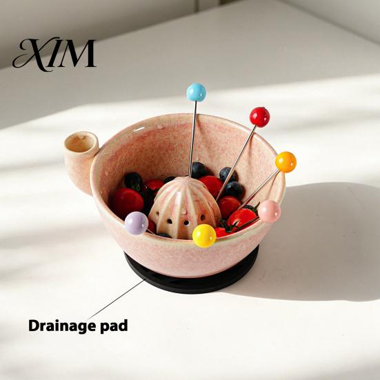Portable Bowl for Camping Berry Swirl Draining with Silicone Pad, Ceramic Retro Kiln Kitchen Gadget Fruit Cleaning Fired Colander, Compact Strainer