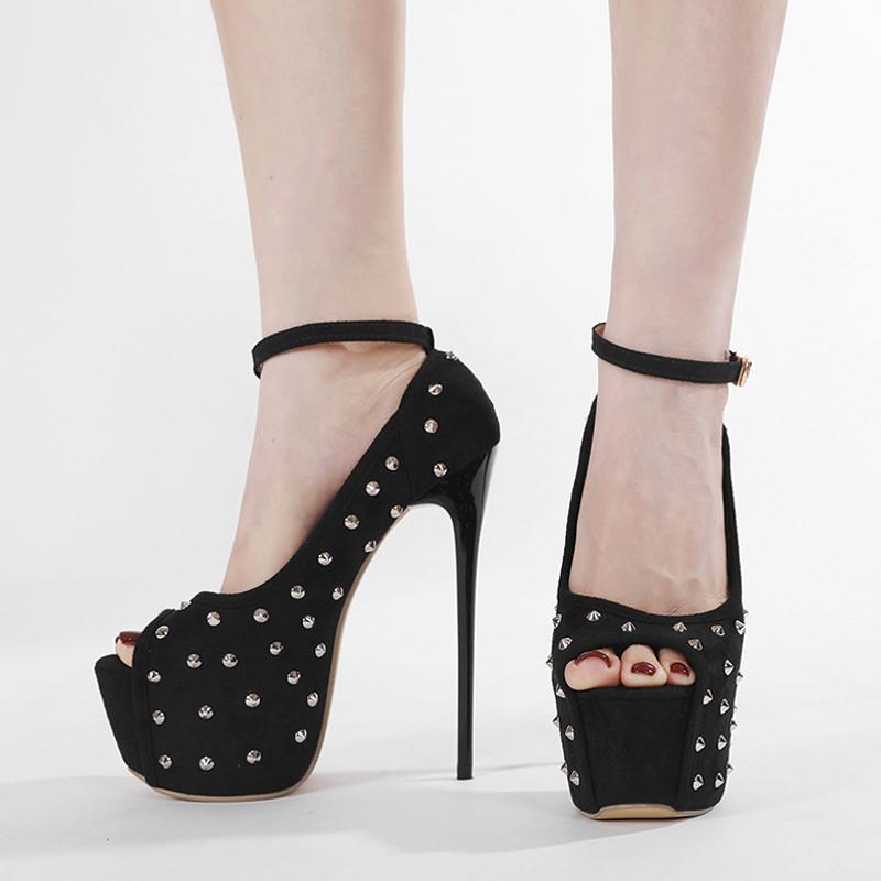 Liyke Подиумный стиль Сексуальные туфли с открытым носком 16 см на очень высоком каблуке для вечеринок и стриптиза Туфли Модные туфли на платформе с заклепками Женские сандалии