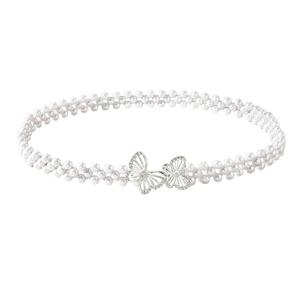 Thin Narrow Style Pearl Waist Chain Pearl Beads Rhinestone Decor Strap Dress Matching Decor
