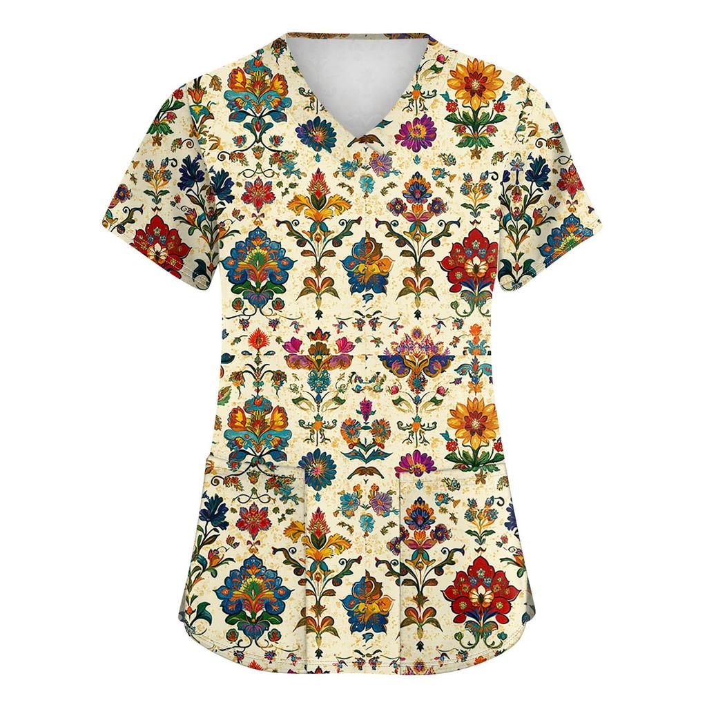Women's Fashion V-neck Short Sleeve Workwear With Pockets Printed Tops