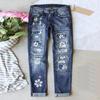 Women's Blue Flower Printed Stretch Jeans High Waist Trousers Patch Ripped Destroyed Denim Pants Skinny Pants