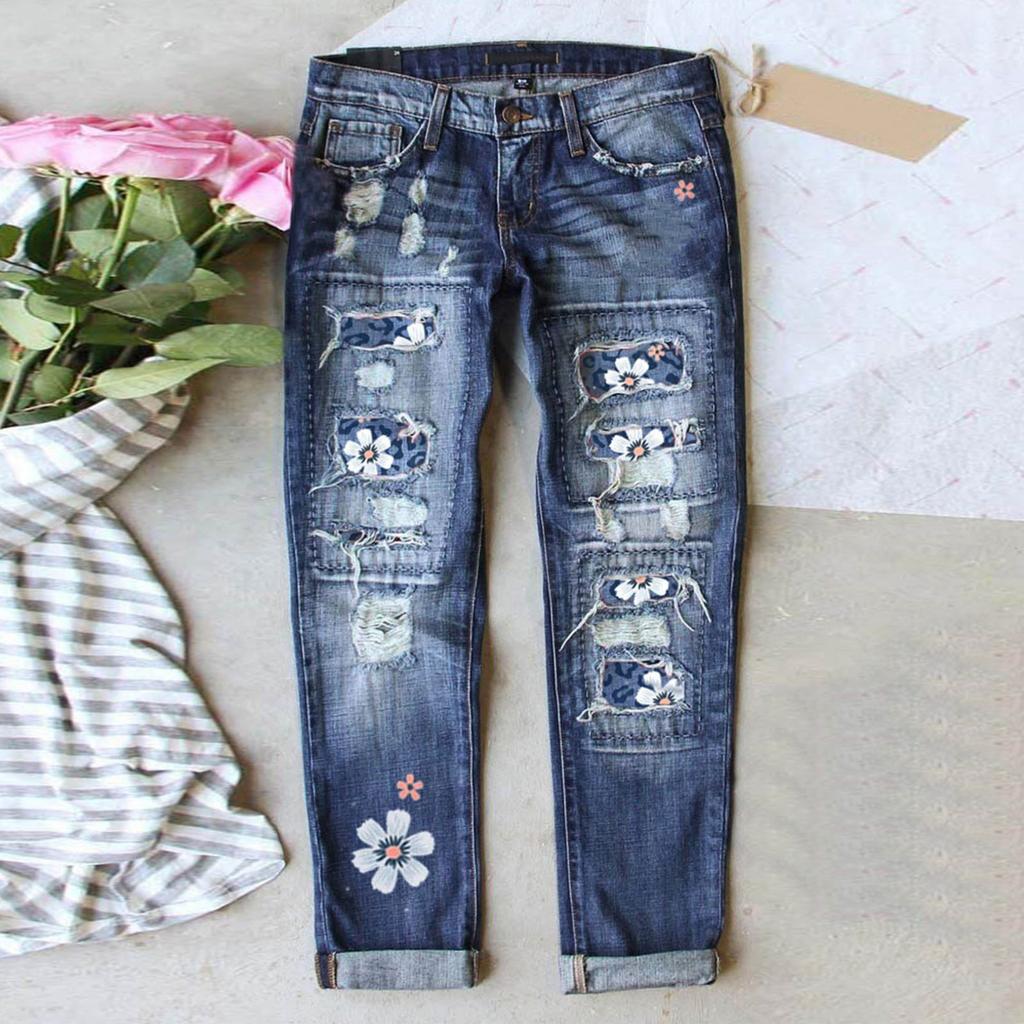 Women's Blue Flower Printed Stretch Jeans High Waist Trousers Patch Ripped Destroyed Denim Pants Skinny Pants
