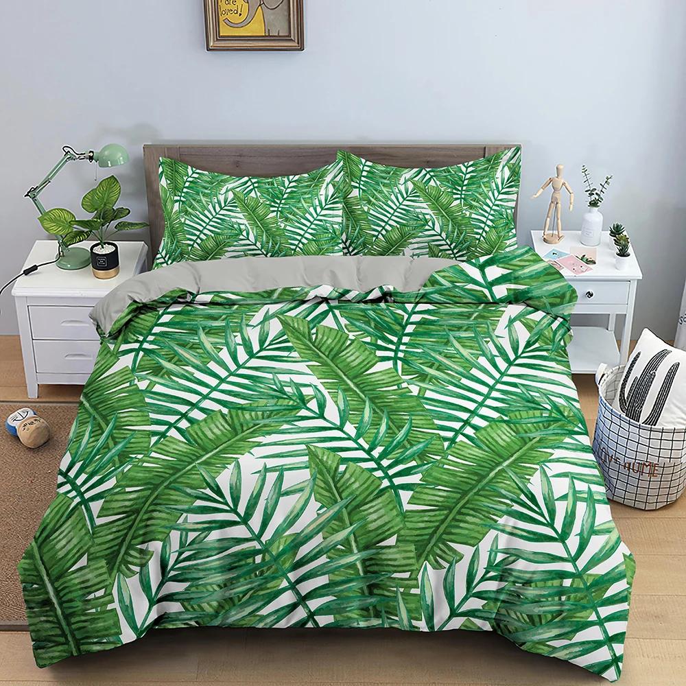 Комплект постельного белья с тропическими растениями, пододеяльник с зелеными листьями и застежкой-молнией, чехол для одеяла размера Queen King, полностью из полиэстера, пододеяльник