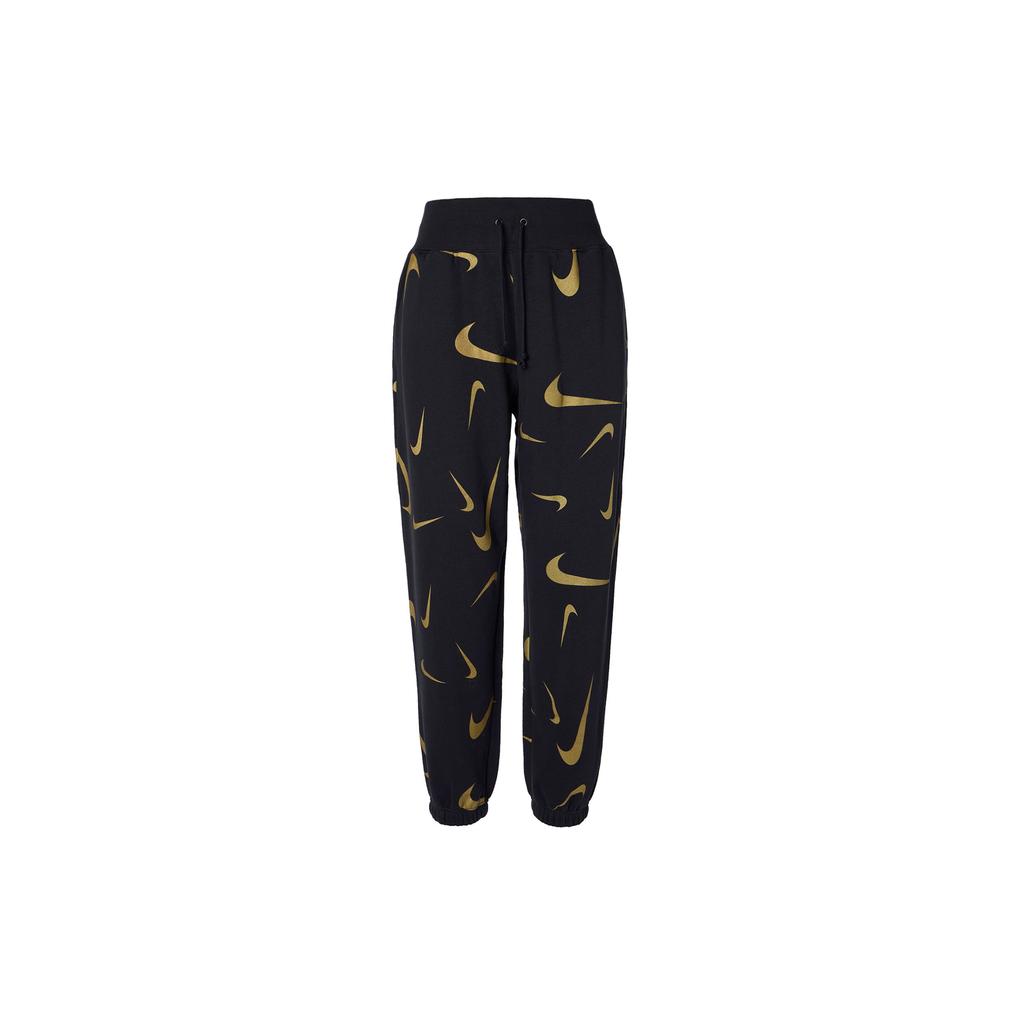 Nike Женские флисовые джоггеры с манжетами и высокой талией, с принтом по всей поверхности, свободного кроя, черные FB8755-010