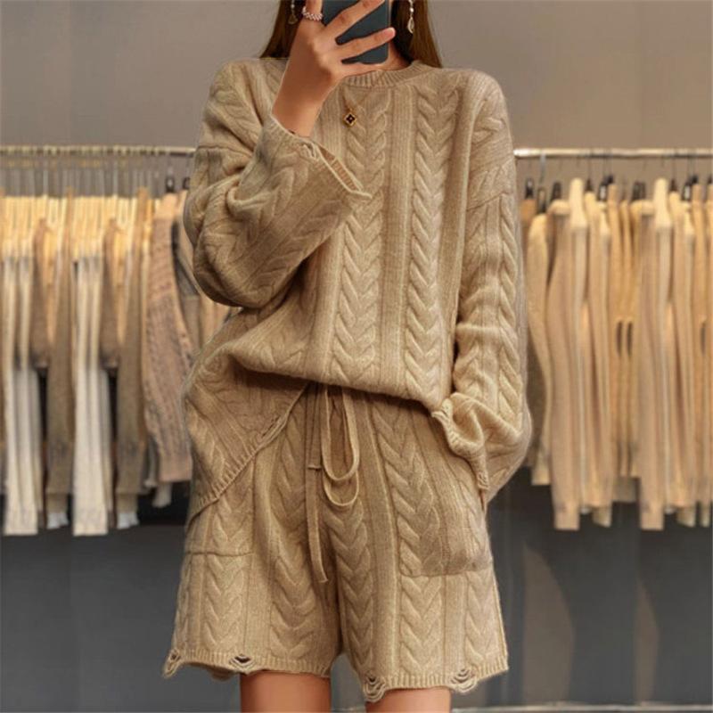 Tooxika Женская осенне-зимняя новая повседневная толстовка с круглым вырезом и длинными рукавами, трикотажные шорты с высокой талией, костюм из двух частей для женщин