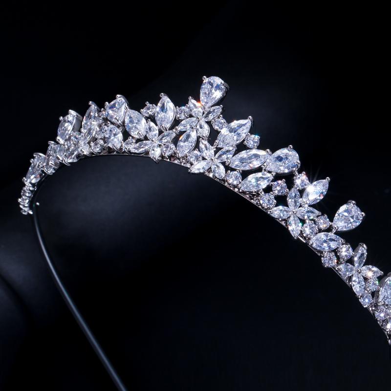 CMM High Quality Sparkling Cubic Zirconia Headdress Bridal Flower Tiara Crown