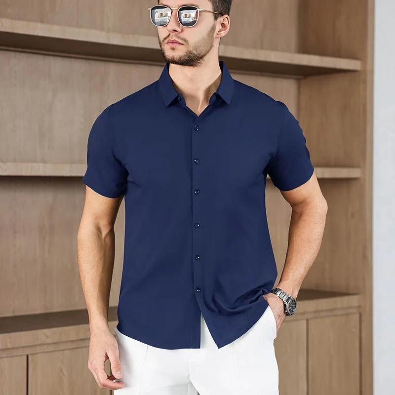 Мужская рубашка с коротким рукавом, однотонная, в стиле business casual, для летней моды, не требует глажки, удобный и универсальный топ