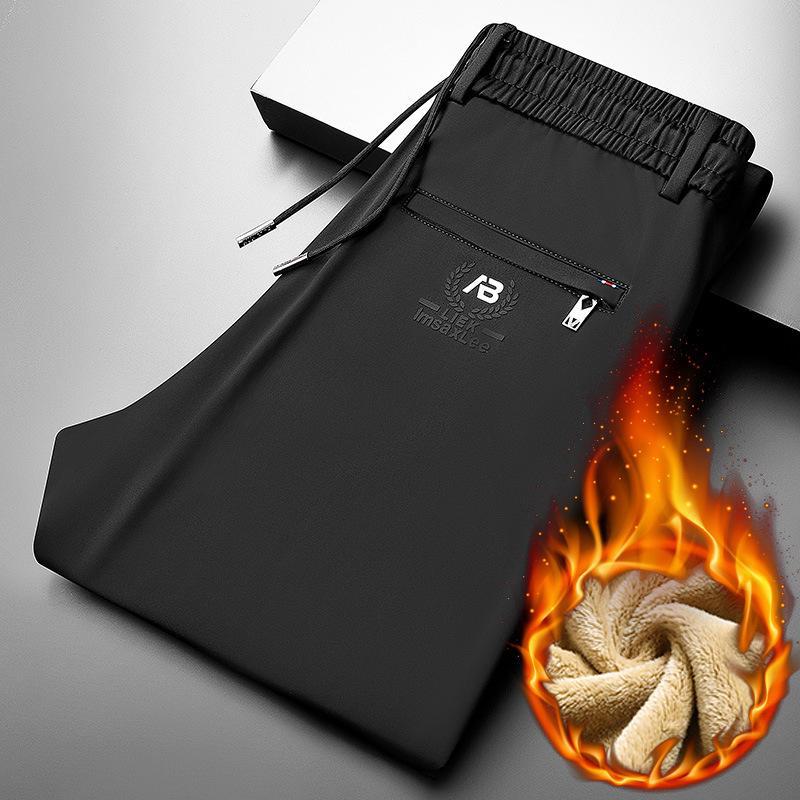 Men's Autumn/Winter Straight-Leg Stretch Pants - Thick, Elastic Waist, Loose-Fit Sports Trousers with Print