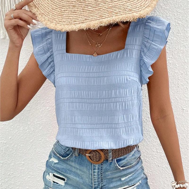 Женская летняя футболка с квадратным воротником и оборками, однотонный пуловер, топ